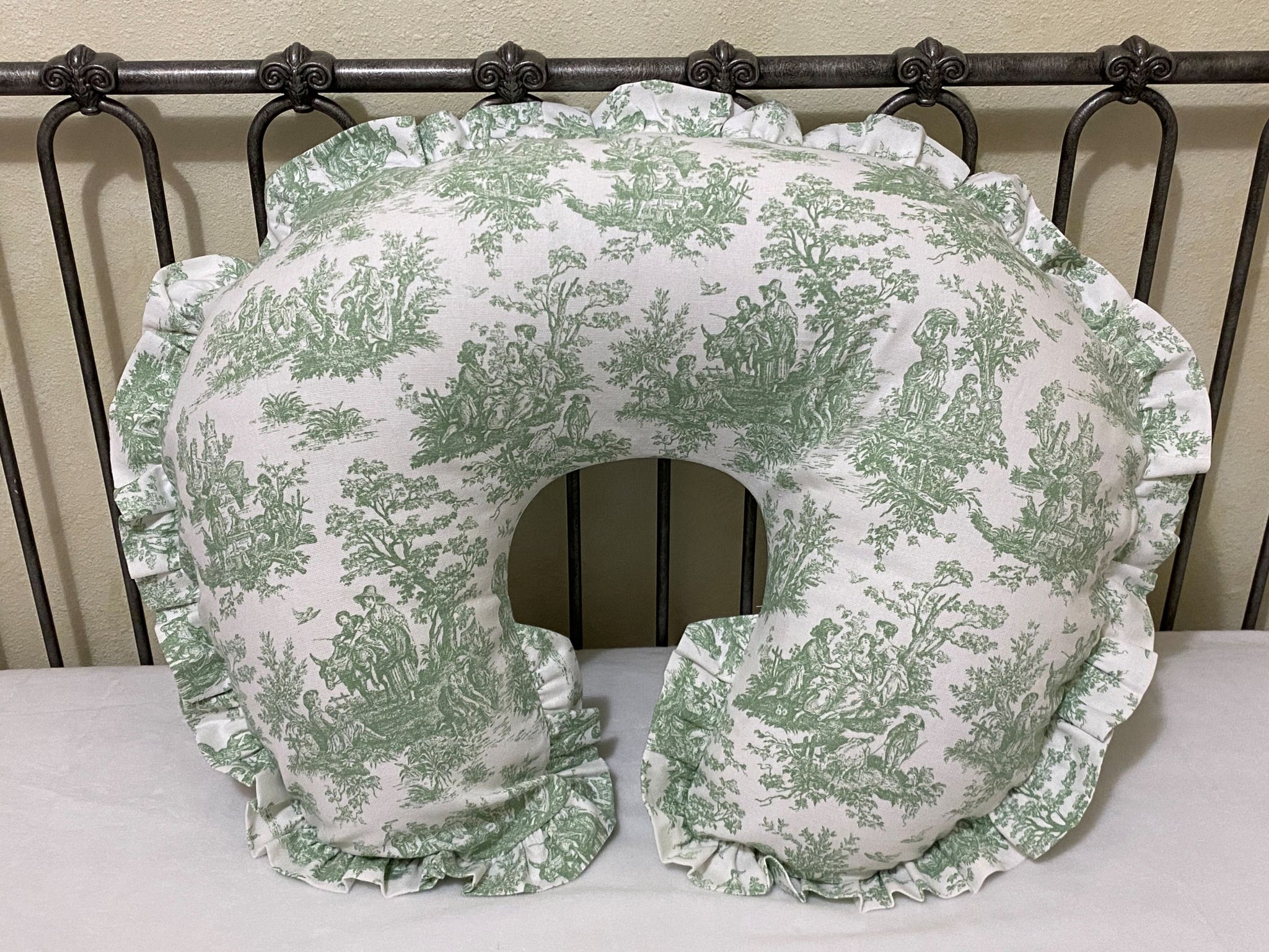 Green Toile Nursing Pillow Cover with Toile Ruffle