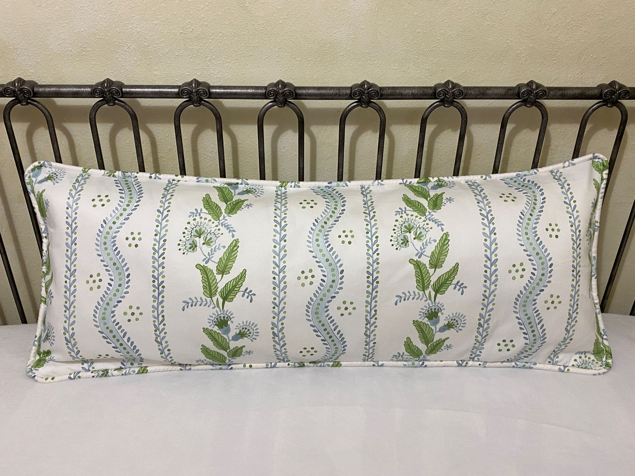 Blue & Green Stripes & Floral Vines Pillow Cover, Euro Sham