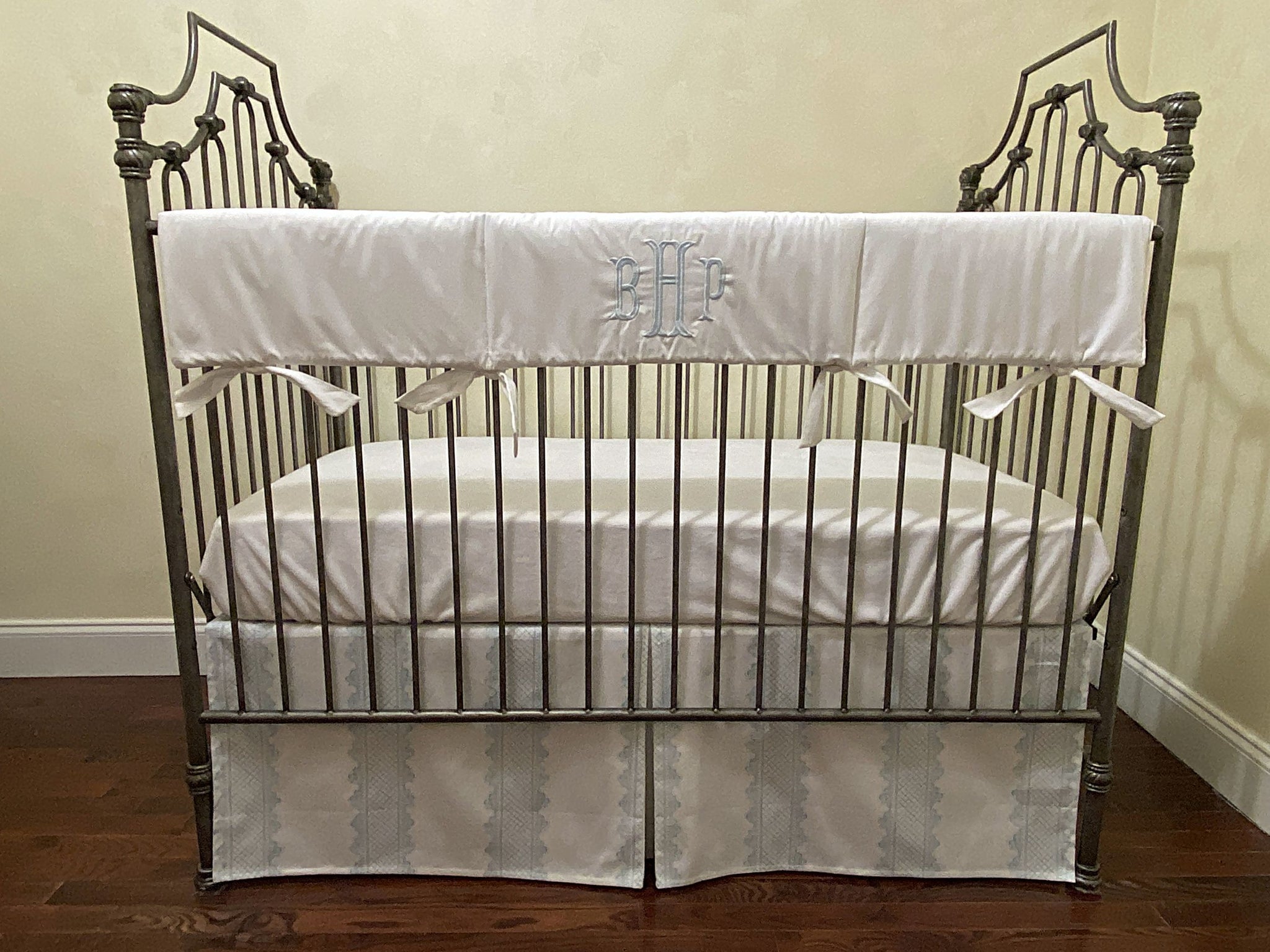 White and Pale Blue Crib Bedding, Boy Crib Bedding, Clarabelle Stripe Designer Crib Skirt