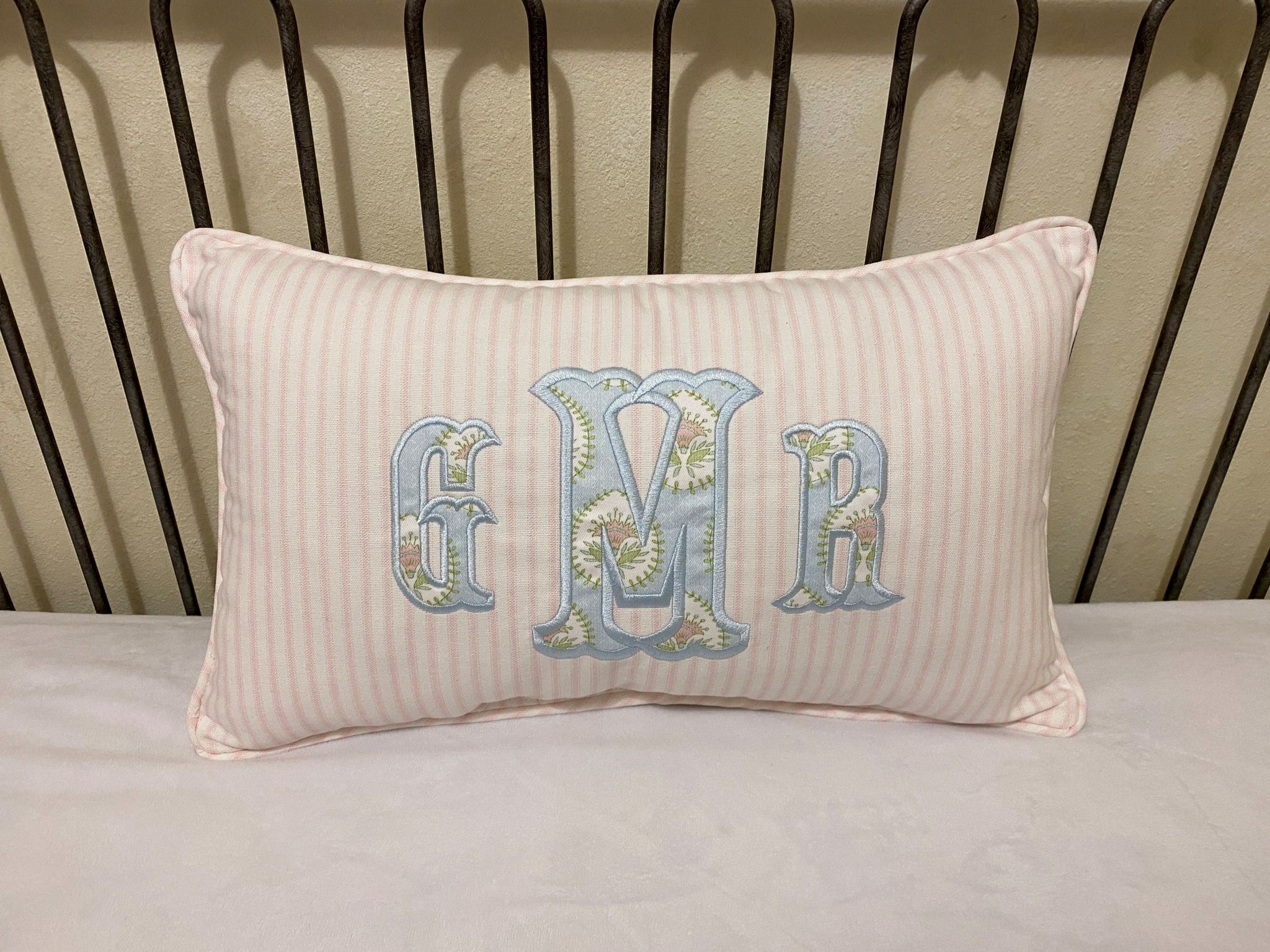 Ticking Stripe Personalized Applique Accent Pillow with Monogram, Choose Your Colors