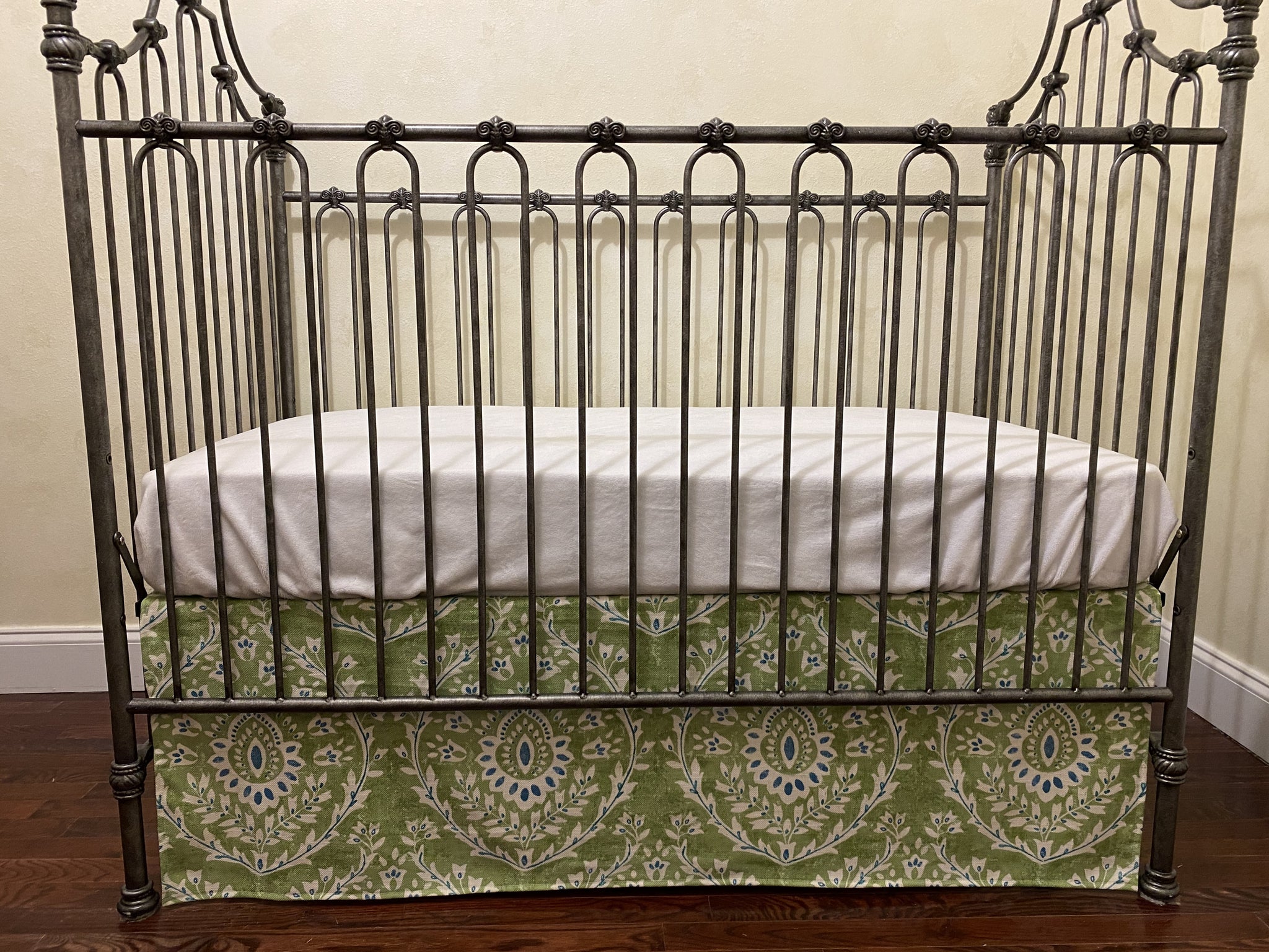 Flat Panel or Tailored Crib Skirt in Green and Blue Floral Medallion Damask