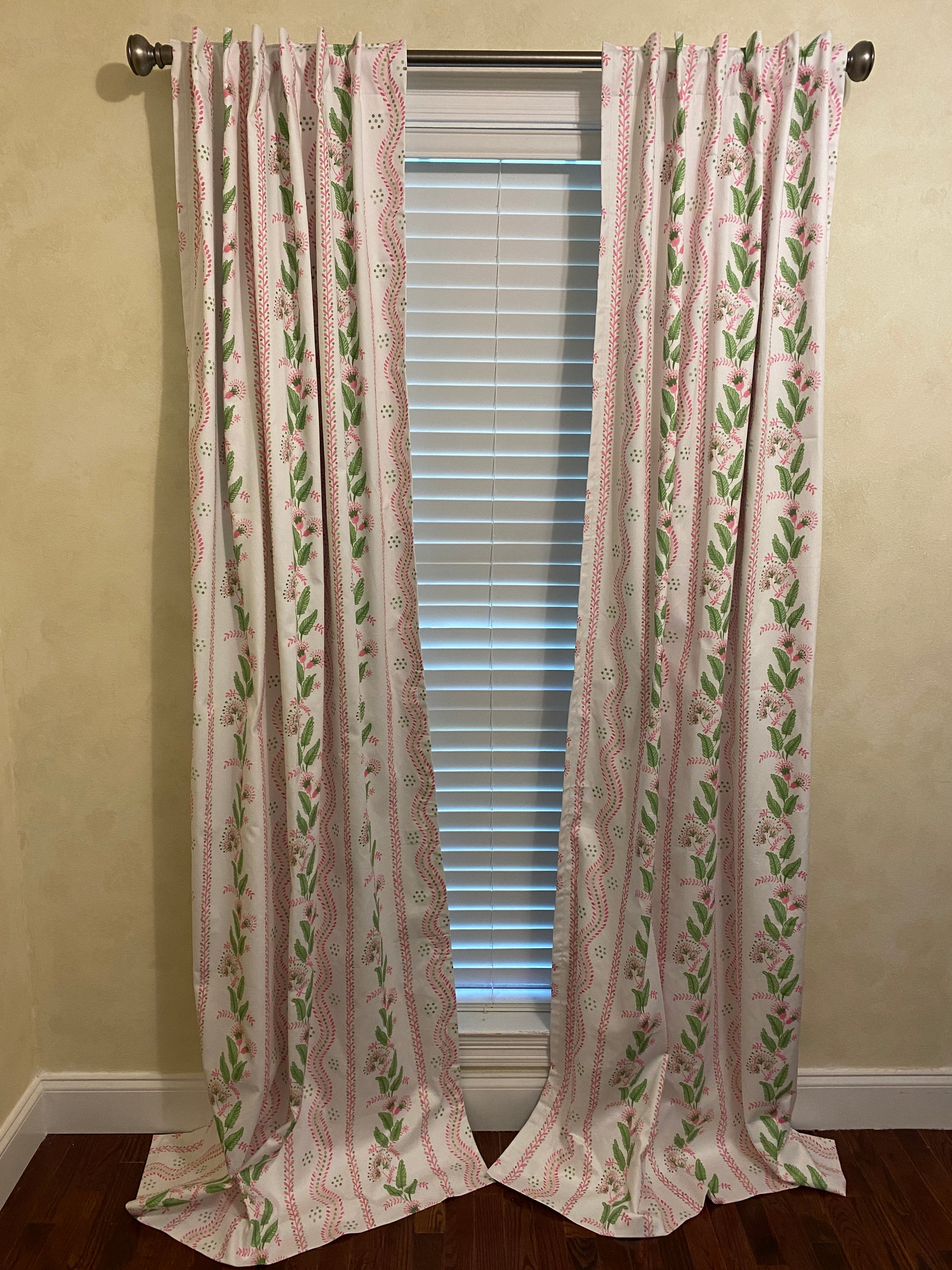 Bright Pinks and Green Stripes & Floral Vines Designer Curtain Panels