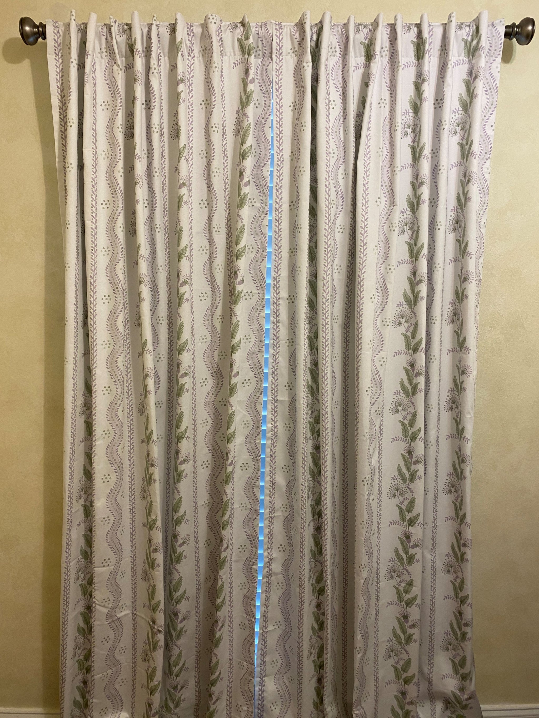 Lilac and Green Stripes & Floral Vines Designer Curtain Panels