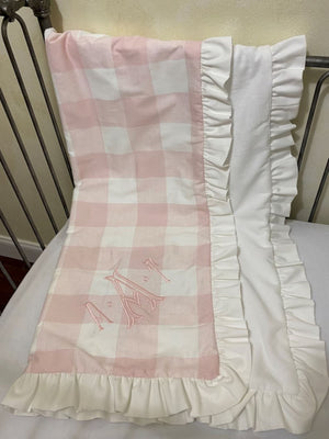 Baby Girl Pink Gingham Plaid Mini Crib Baby Bedding, Mini Crib Skirt, Personalized Baby Blanket