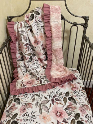 Dusty Rose, Mauve Floral Crib Bedding, Girl Baby Bedding, Crib Rail Cover