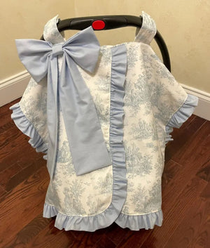 Car Seat Canopy - Blue Toile with Pale Blue Ruffle and Bow