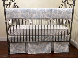 Blue Toile Crib Bedding, Baby Boy Crib Bedding, Toile Rail Cover, Double Pleated Crib Skirt