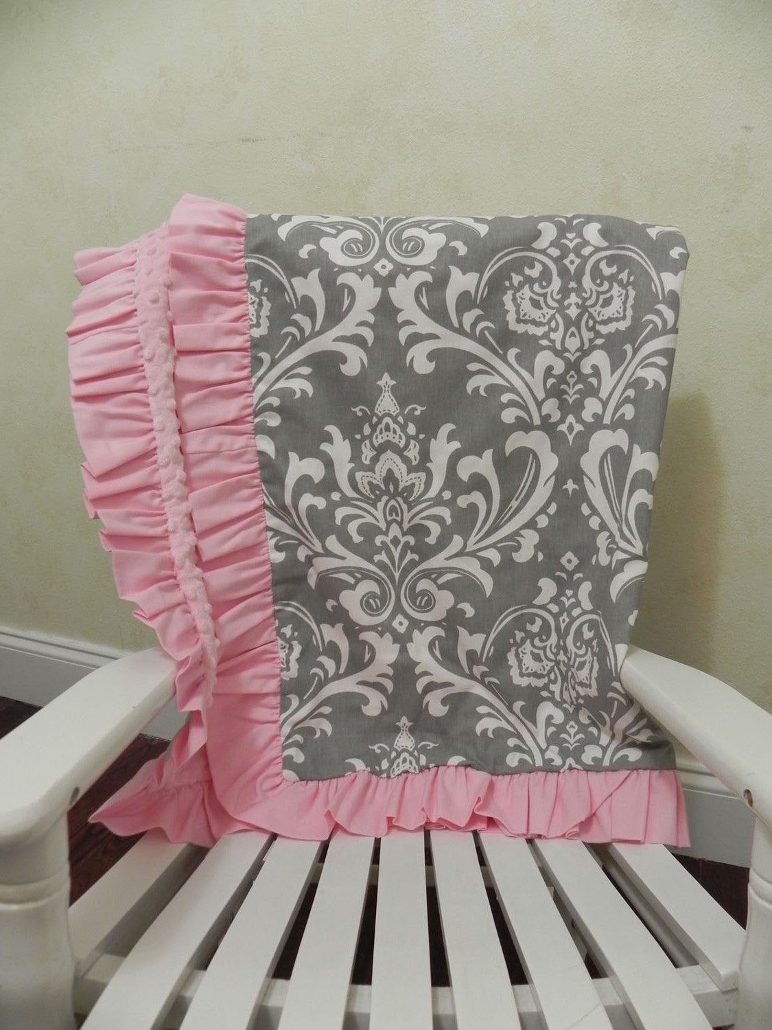 Gray Damask and Pink Baby Girl Crib Bedding - Crib Rail Cover, Gathered Crib Skirt with Ruffle
