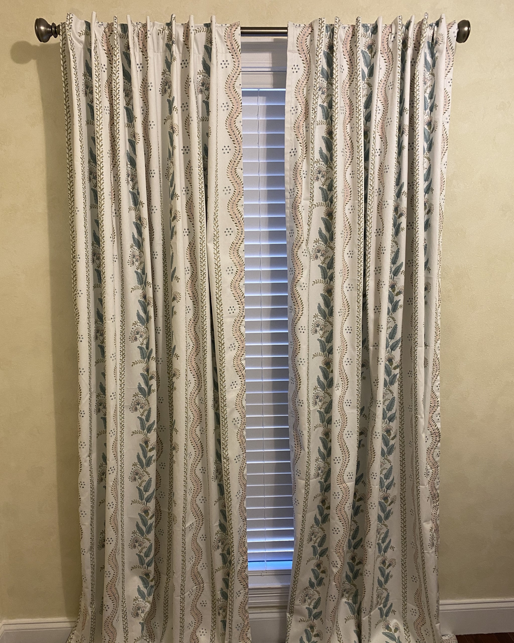 Pink, Blue, and Sage Green Stripes & Floral Vines on White Designer Curtain Panels