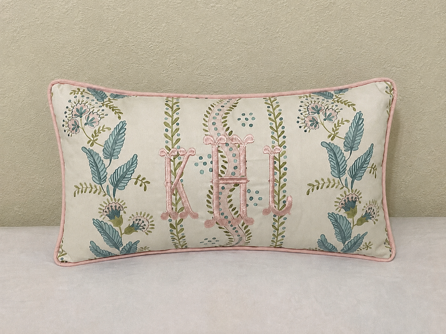 Blush Pink, Blue & Sage Green Stripes & Floral Vines Pillow Cover, Euro Sham
