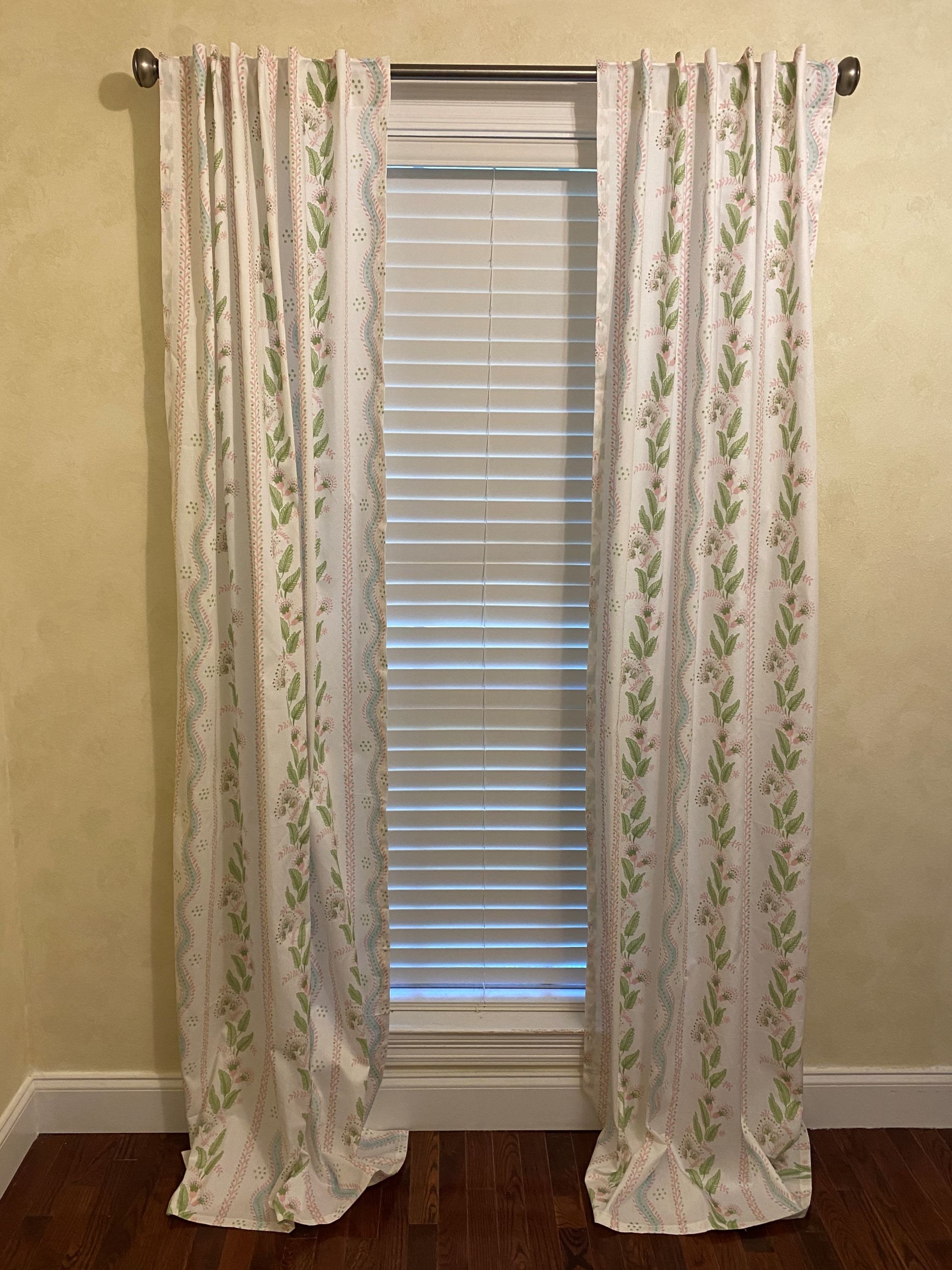 Pink, Blue, and Green Stripes & Floral Vines Designer Curtain Panels