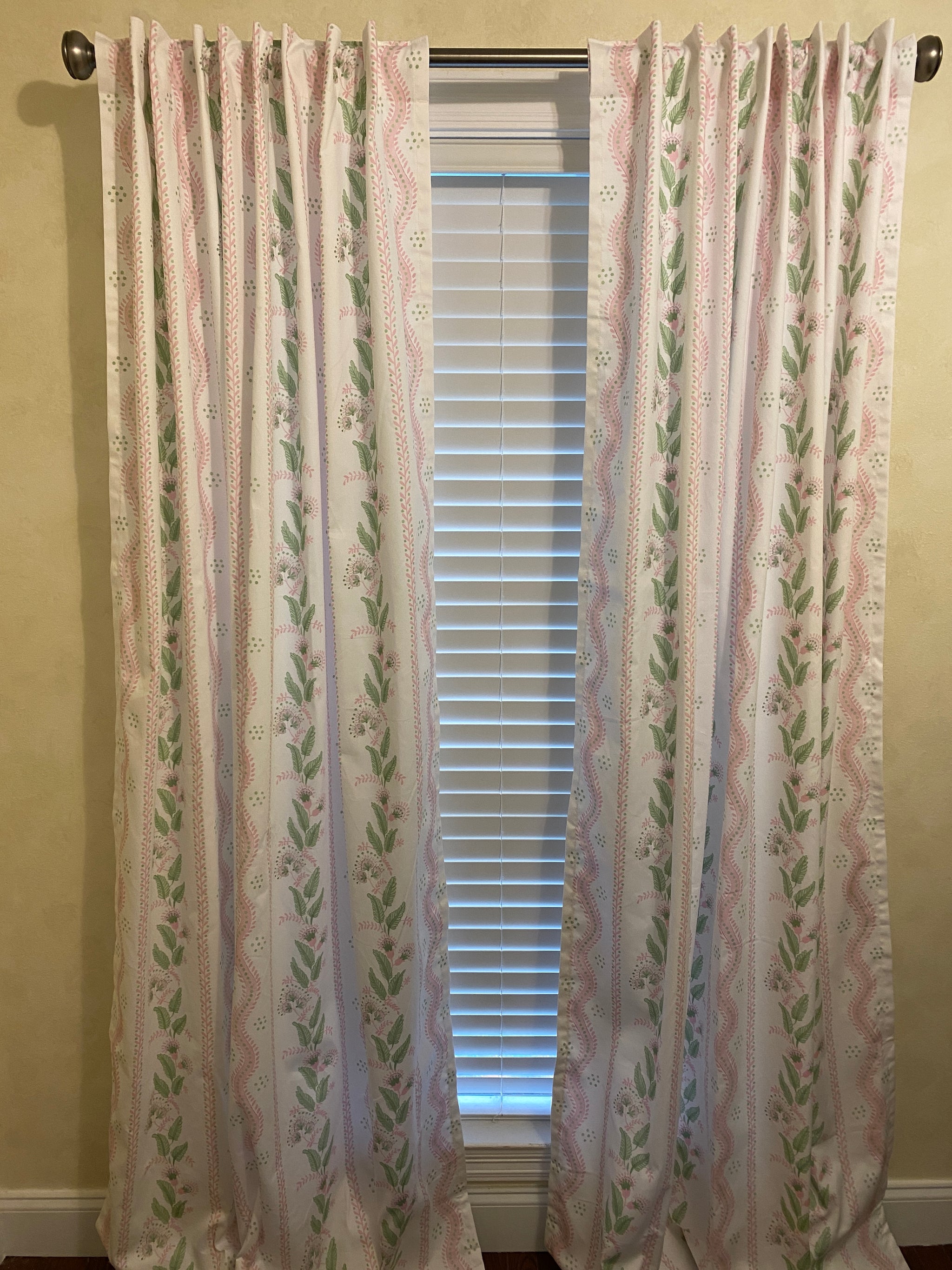 Pink and Green Stripes & Floral Vines Designer Curtain Panels