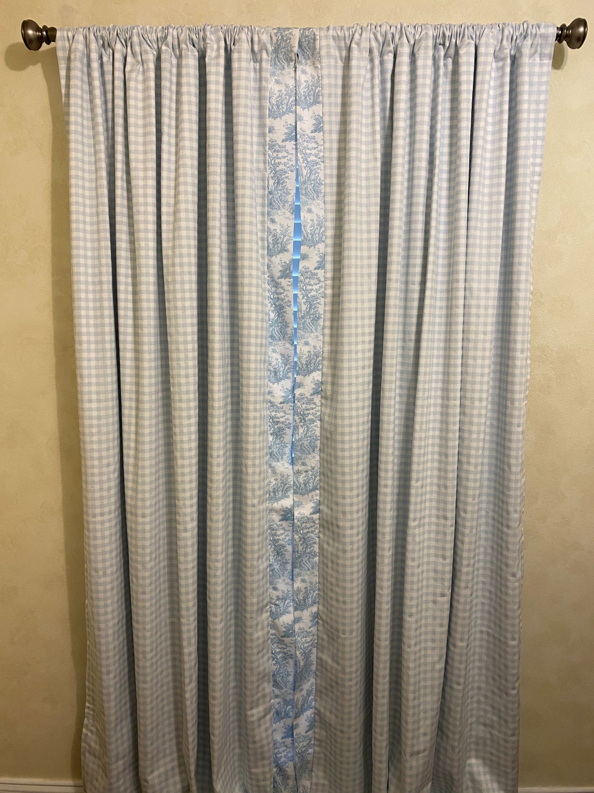 Pale Blue Gingham Plaid with Blue Toile Curtain Panels