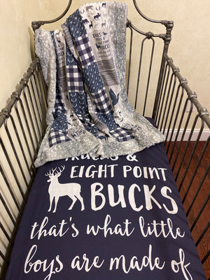 Baby Boy Crib Sheet & Blanket Set, Ducks, Trucks, Bucks Blanket and Sheet Set, Navy and Gray Hunting Crib Bedding