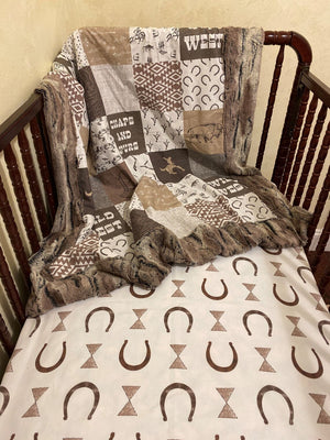 Baby Boy Western Crib Sheet & Blanket Set - Horse Shoe Crib Sheet, Cowboy Wild West Baby Blanket, Western Nursery Bedding