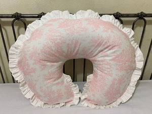 Pink Toile Nursing Pillow Cover with Ruffle, Baby Girl Nursing Pillow Cover