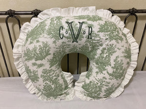 Green Toile Nursing Pillow Cover with Ruffle