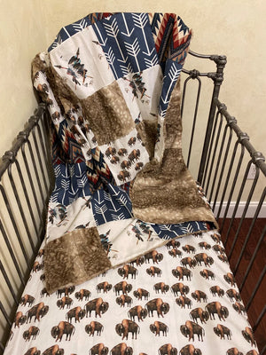 Crib Sheet & Blanket Set - Baby Boy Crib Sheet, Patchwork Crib Blanket, Southwestern Crib Bedding, Buffalo Crib Sheet, Headdress Bedding