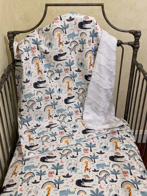 Crib Sheet & Blanket Set - Crib Bedding, Baby Boy Crib Sheet, Baby Blanket, Baby Safari Animals Crib Bedding , Personalized Blanket