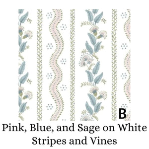 Gathered Crib Skirt in Stripes and Vines Designer Fabric, Choose Your Color