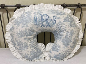 Blue Toile Nursing Pillow Cover with Ruffle