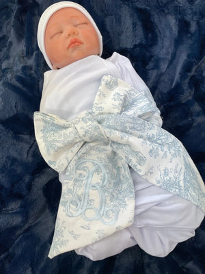 Personalized Toile Baby Swaddle Bow Sash, Pink Toile, Blue Toile, Choose Your Color