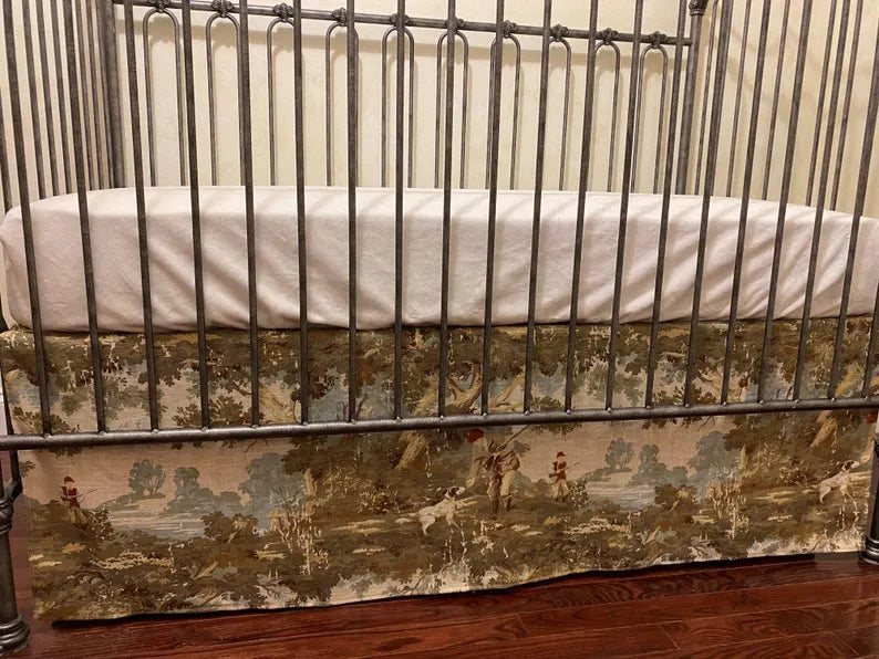English Countryside Hunting Fishing Toile Flat Panel or Tailored Crib Skirt