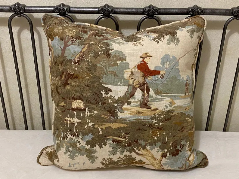 English Countryside Hunting Fishing Toile Pillow Cover