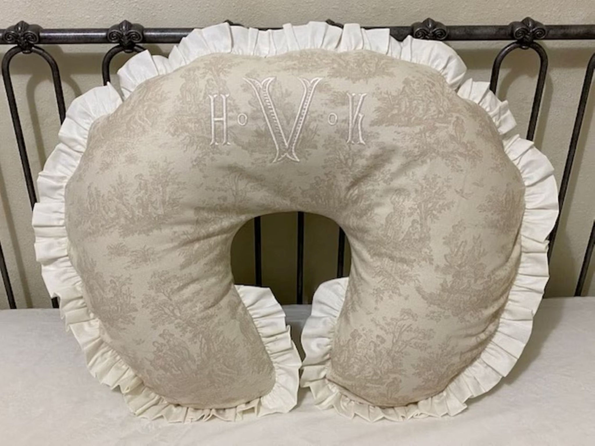 Khaki Toile Nursing Pillow Cover with Ivory Ruffle