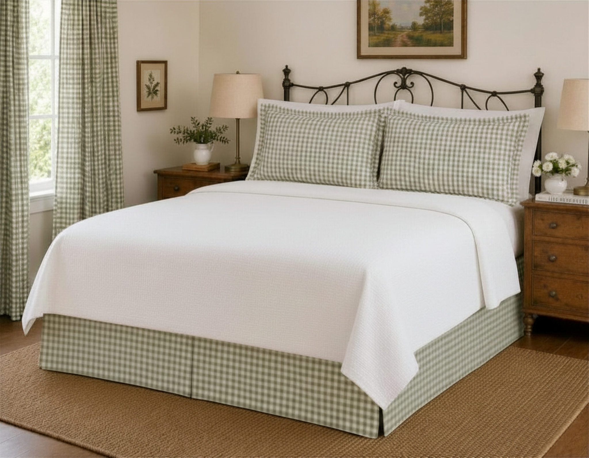 Twin, Full, Queen, King Size Soft Sage Gingham Tailored Bed Skirt