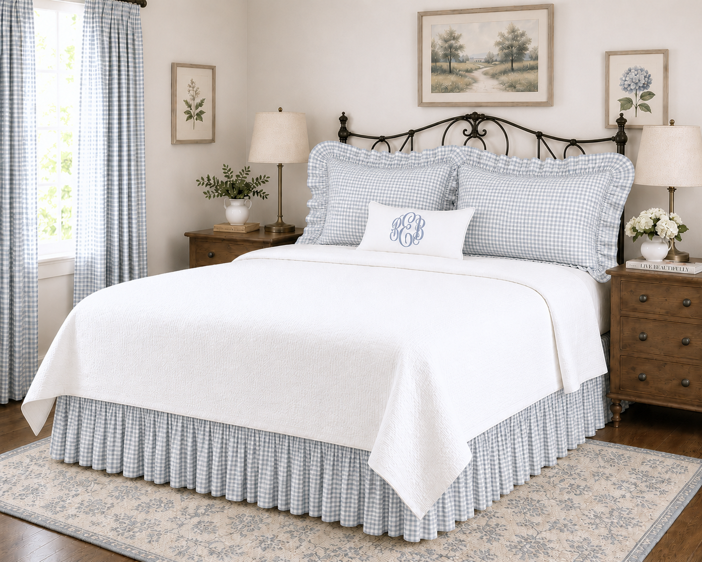 Twin, Full, Queen, King Size Pale Blue Gingham Gathered Bed Skirt