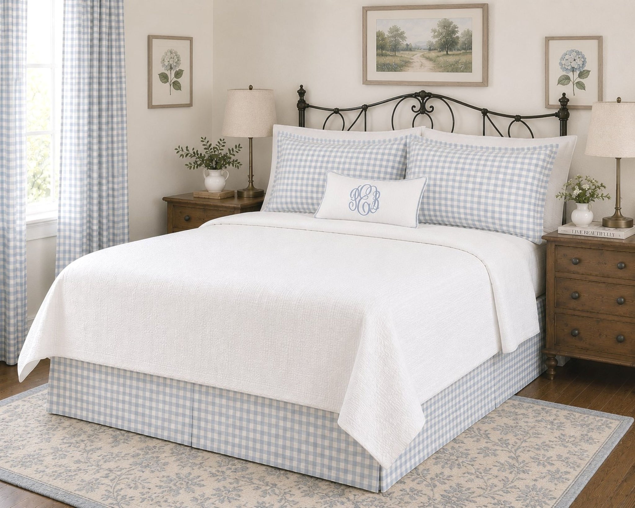 Twin, Full, Queen, King Size Pale Blue Gingham Tailored Bed Skirt