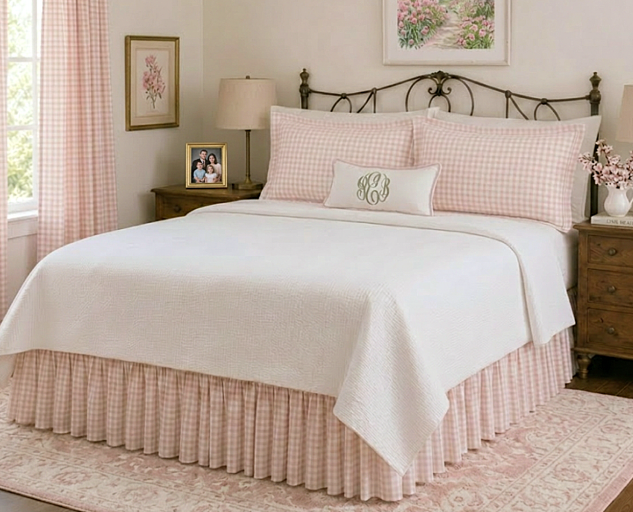 Twin, Full, Queen, King Size Light Pink Gingham Gathered Bed Skirt