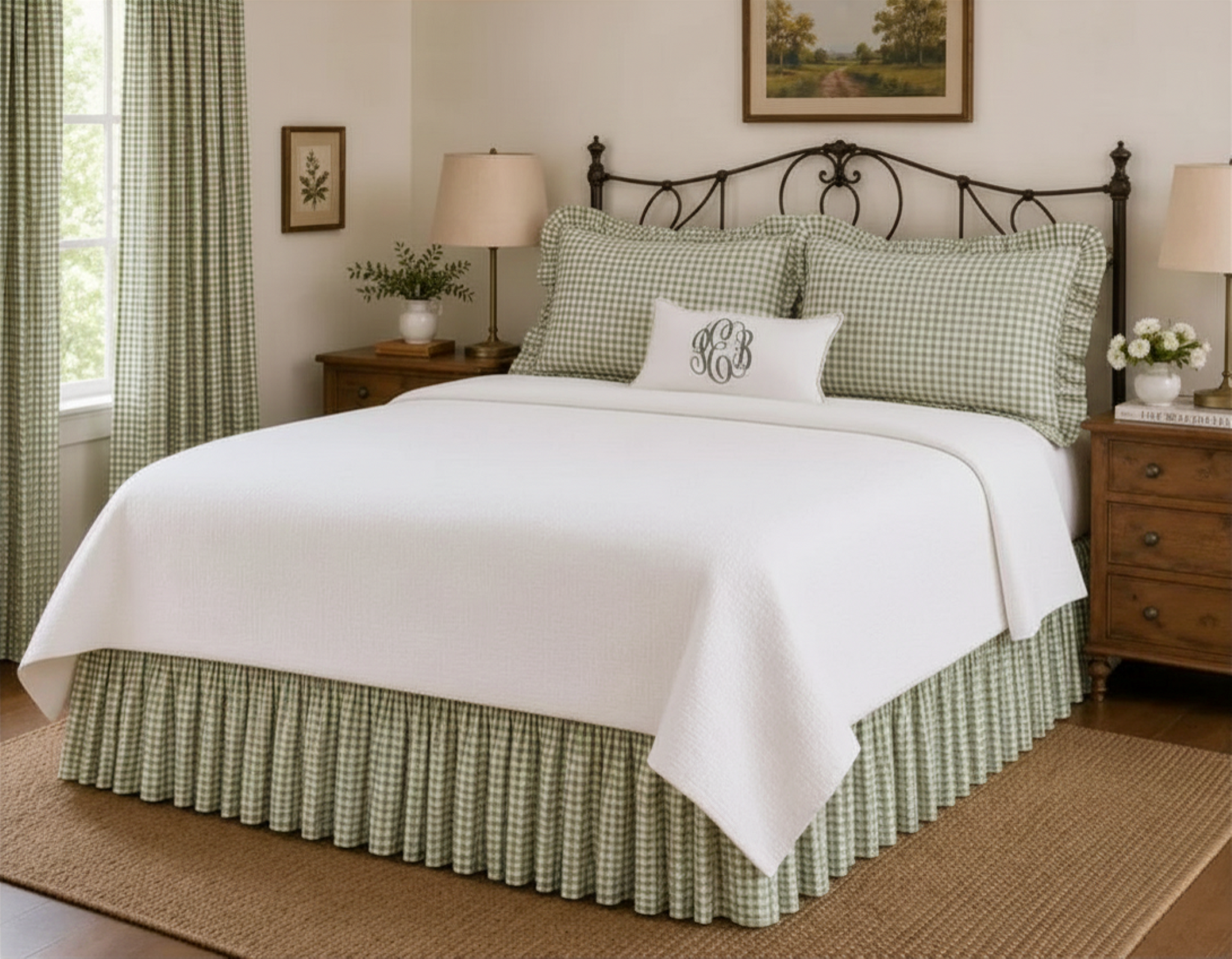 Twin, Full, Queen, King Size Soft Sage Gingham Gathered Bed Skirt