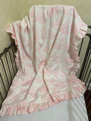 Pink Toile Baby Blanket with Ruffle, Baby Girl Crib Blanket, Personalized Baby Blanket