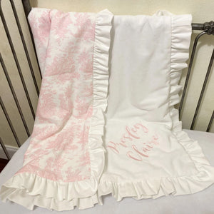 Pink Toile Baby Blanket with Ruffle, Crib Blanket, Baby Girl Blanket, Personalized Baby Blanket