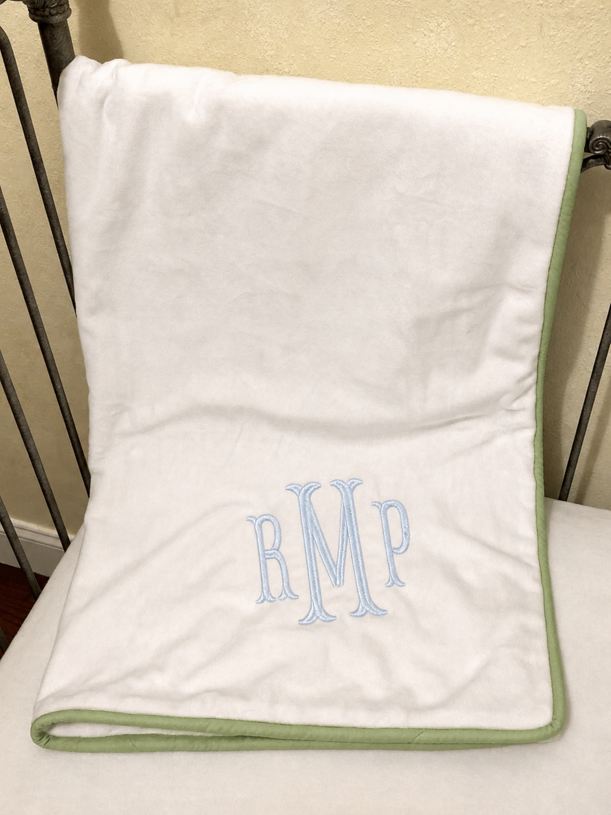 White with Pale Blue and Green Baby Boy Crib Bedding - Single Scalloped Rail Cover, Tailored Crib Skirt with Band and Accent Stripe