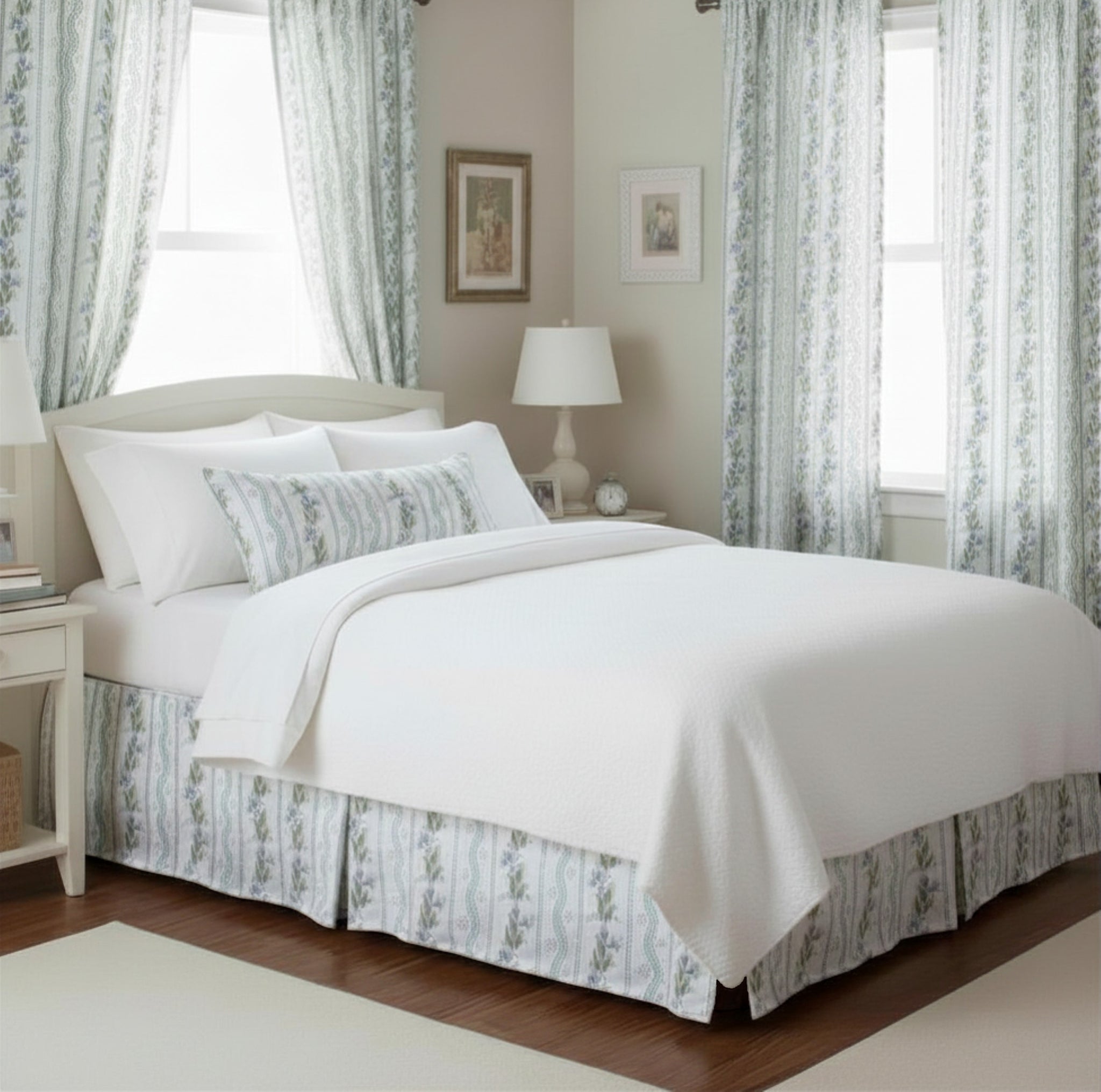 Twin, Full, Queen, King Size Bed Skirt,  Floral Stripes & Vines