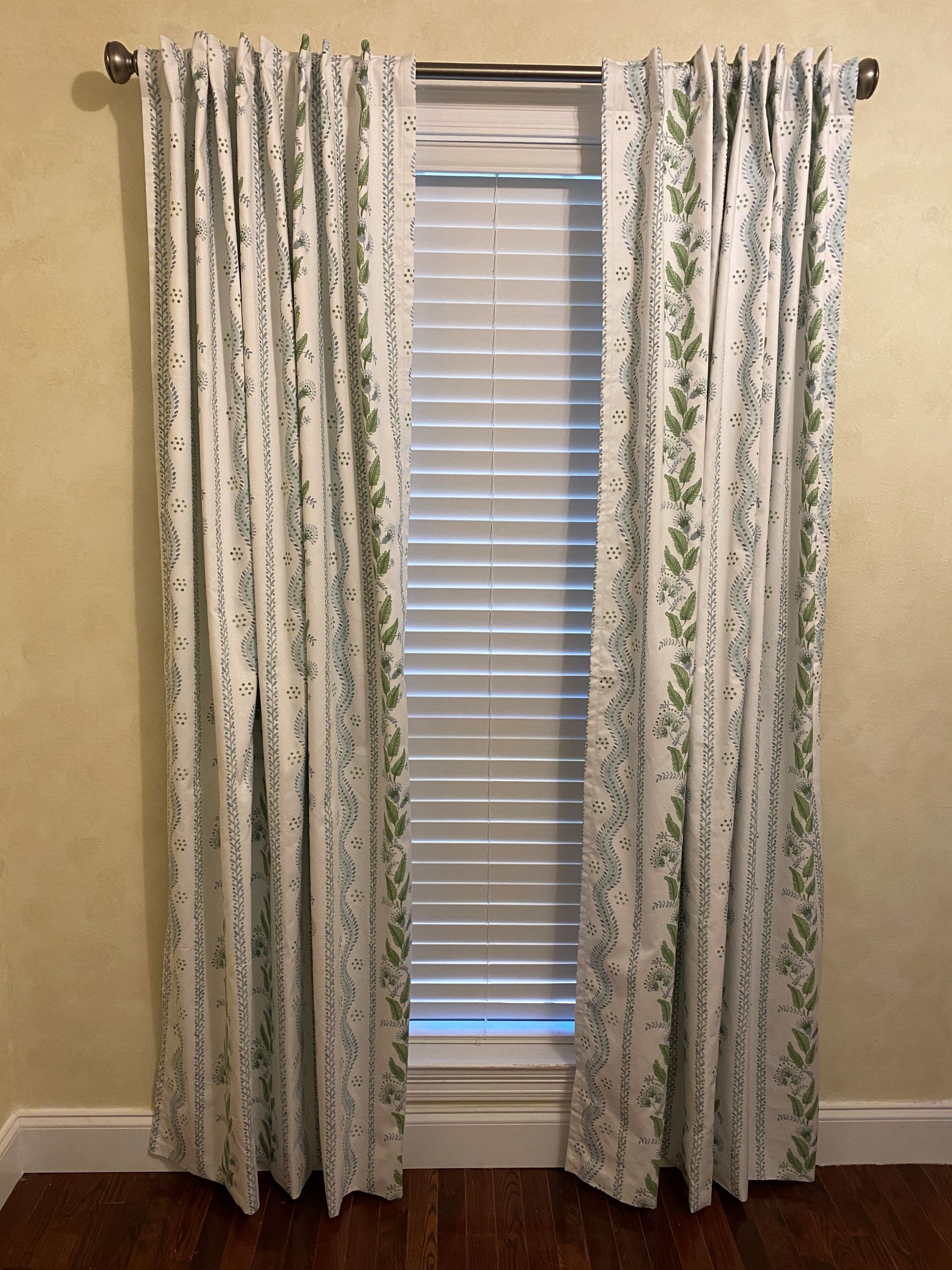 Blue and Green Stripes & Floral Vines Designer Curtain Panels