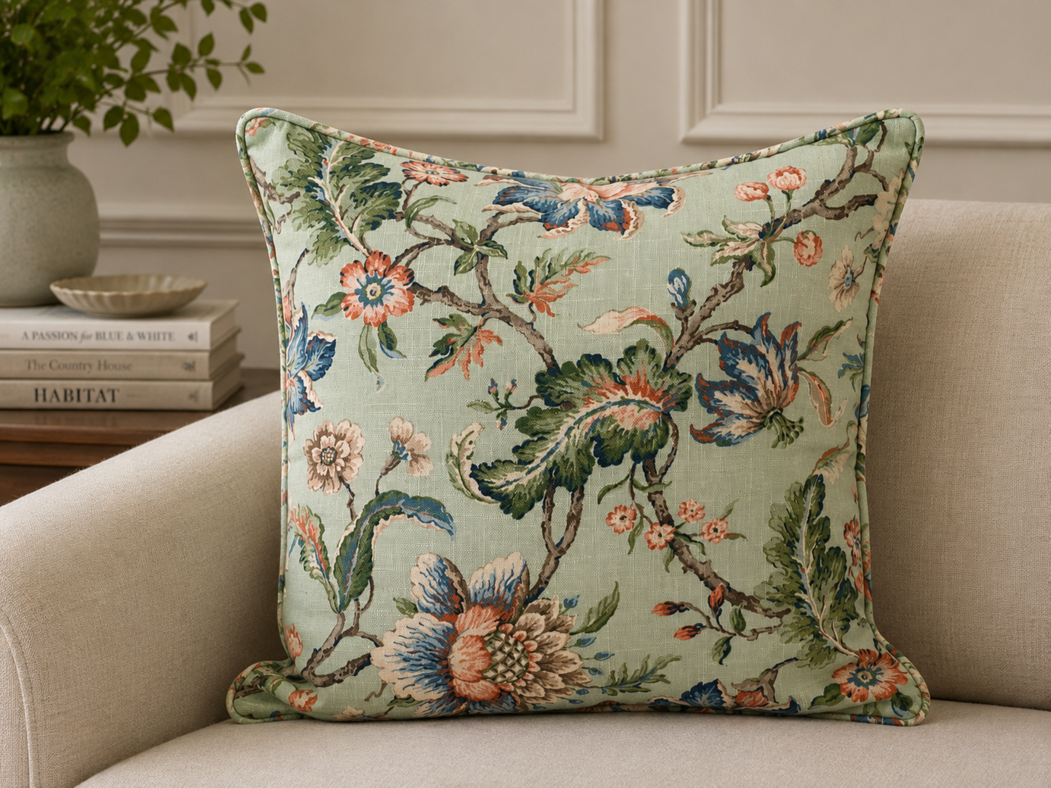 Green, Blush, and Blue Floral Pillow Cover