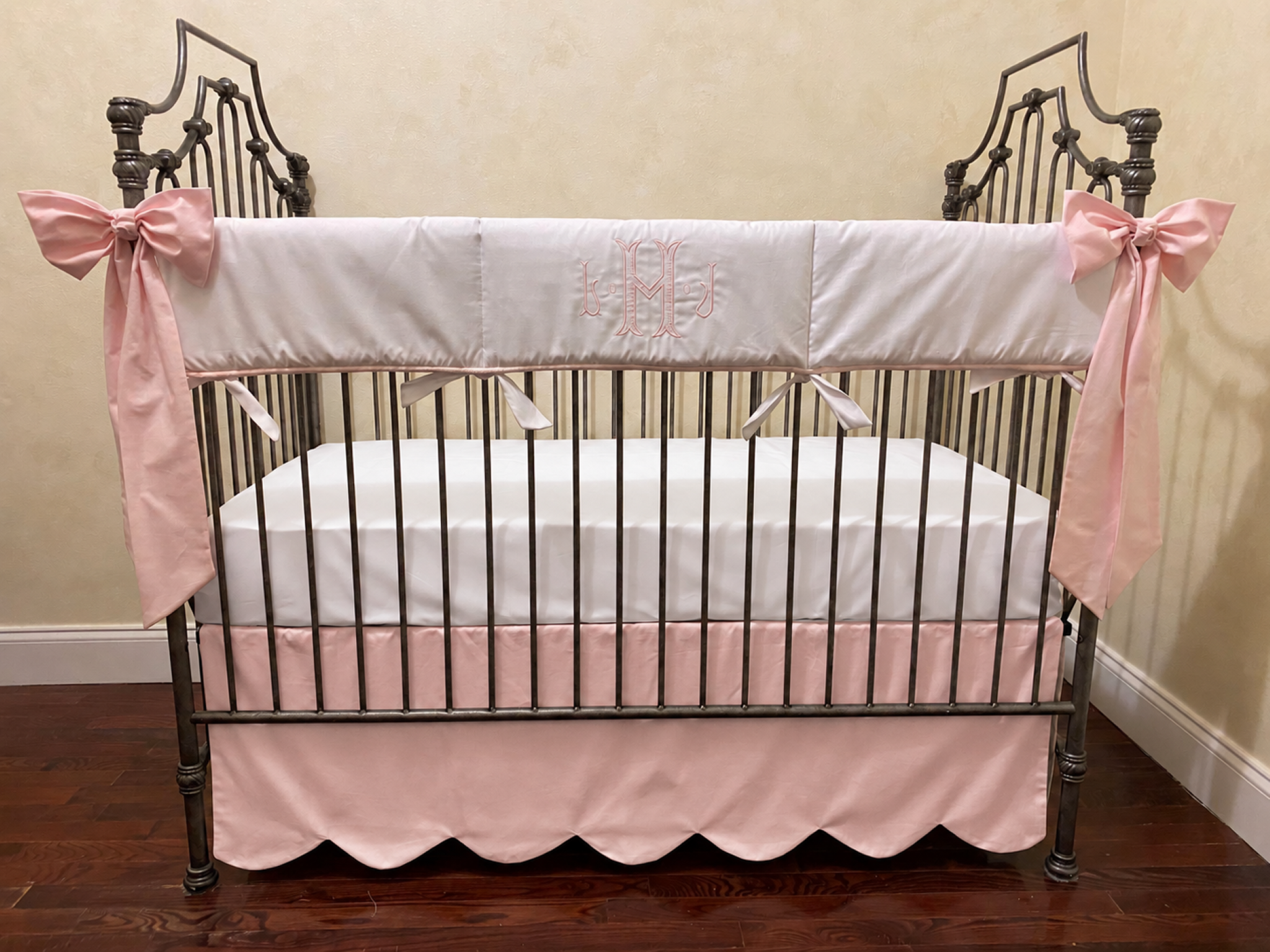 Baby Girl White and Pale Pink Crib Bedding, Crib Rail Cover, Scallop Crib Skirt