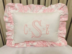 White and Toile Accent Pillow with Ruffle
