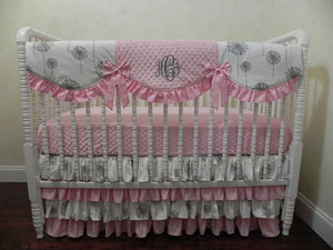 Gray and Pink Girl Baby Bedding Set Adalys - Girl Crib Bedding, Crib Rail Cover with Ruffled Skirt