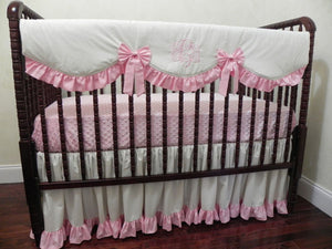 Ivory and Pink Girl Baby Bedding Set Ainsley - Girl Crib Bedding, Crib Rail Cover