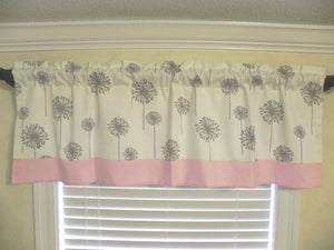 Window Valance - White and Gray Dandelion with Light Pink
