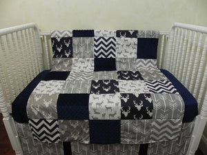 Navy Buck and Gray Arrows with Chevron Woodland Patchwork Baby Blanket
