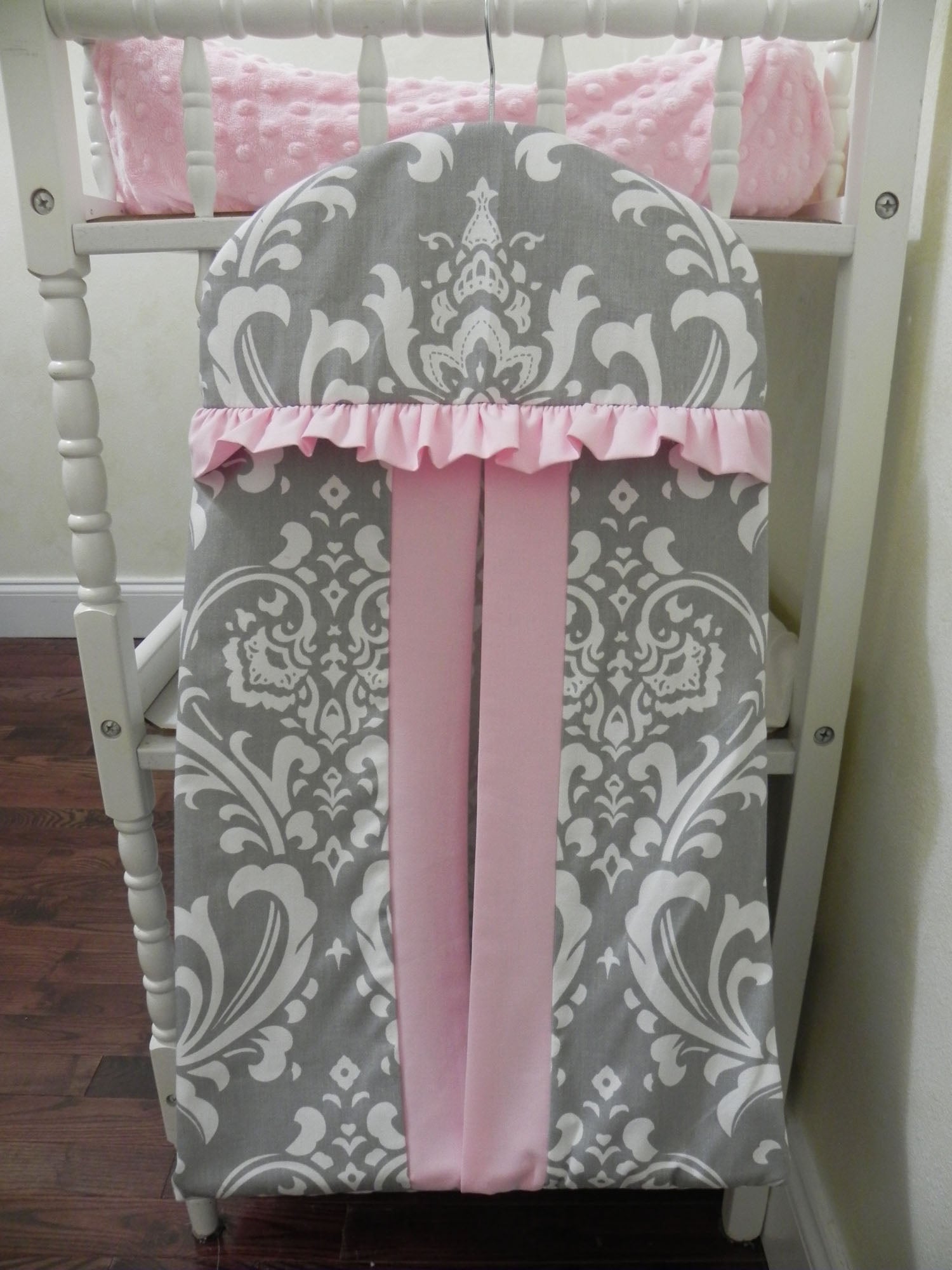 Diaper Stacker - Hanger Style in Gray Damask and Light Pink - Just Baby Designs for Free Printable Diaper Stacker Pattern