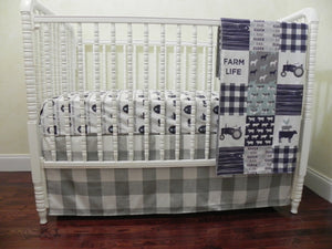 Farm Life Crib Bedding, Boy Baby Bedding, Farm Nursery Bedding in Blue and Gray
