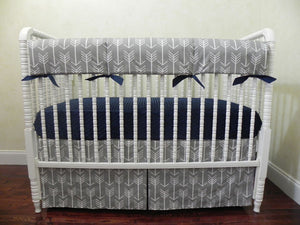 Gray Arrow Baby Bedding Set - Gray Arrows with Navy Blue, Boy Crib Bedding, Crib Rail Cover Set