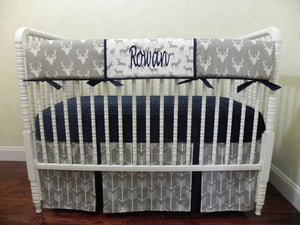 Gray Deer Baby Boy Bedding Set Rowan - Gray Deer with Navy, Boy Crib Bedding, Crib Rail Cover Set